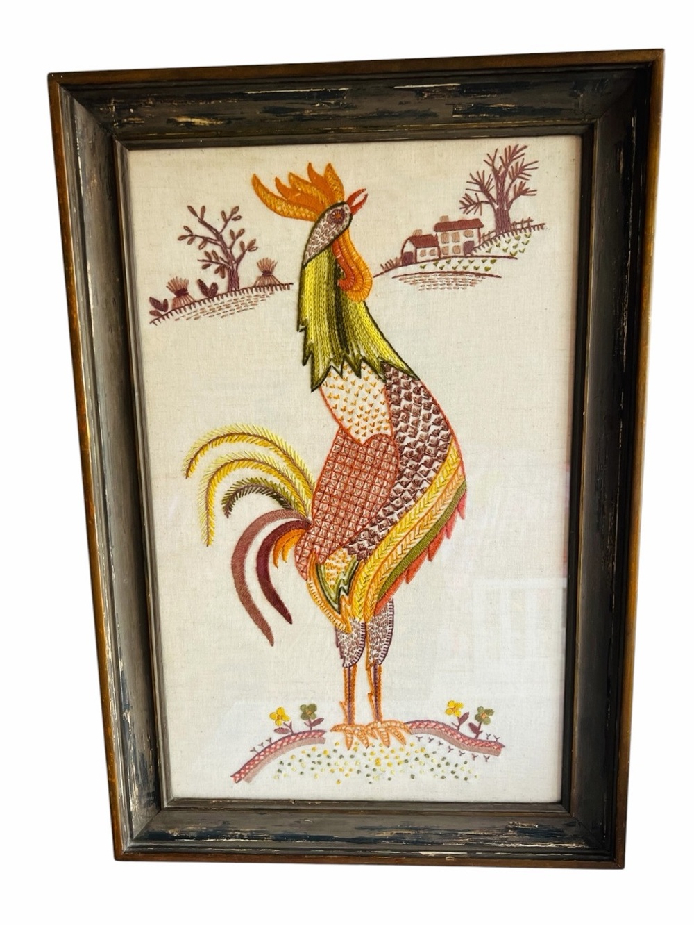 Vintage Embroidery Farmhouse Roosters Wood Frame Wall Hanging